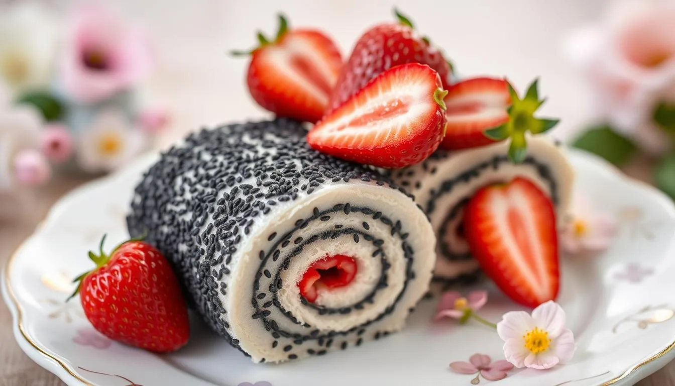 Gâteau Roulé au Sésame Noir et Fraises